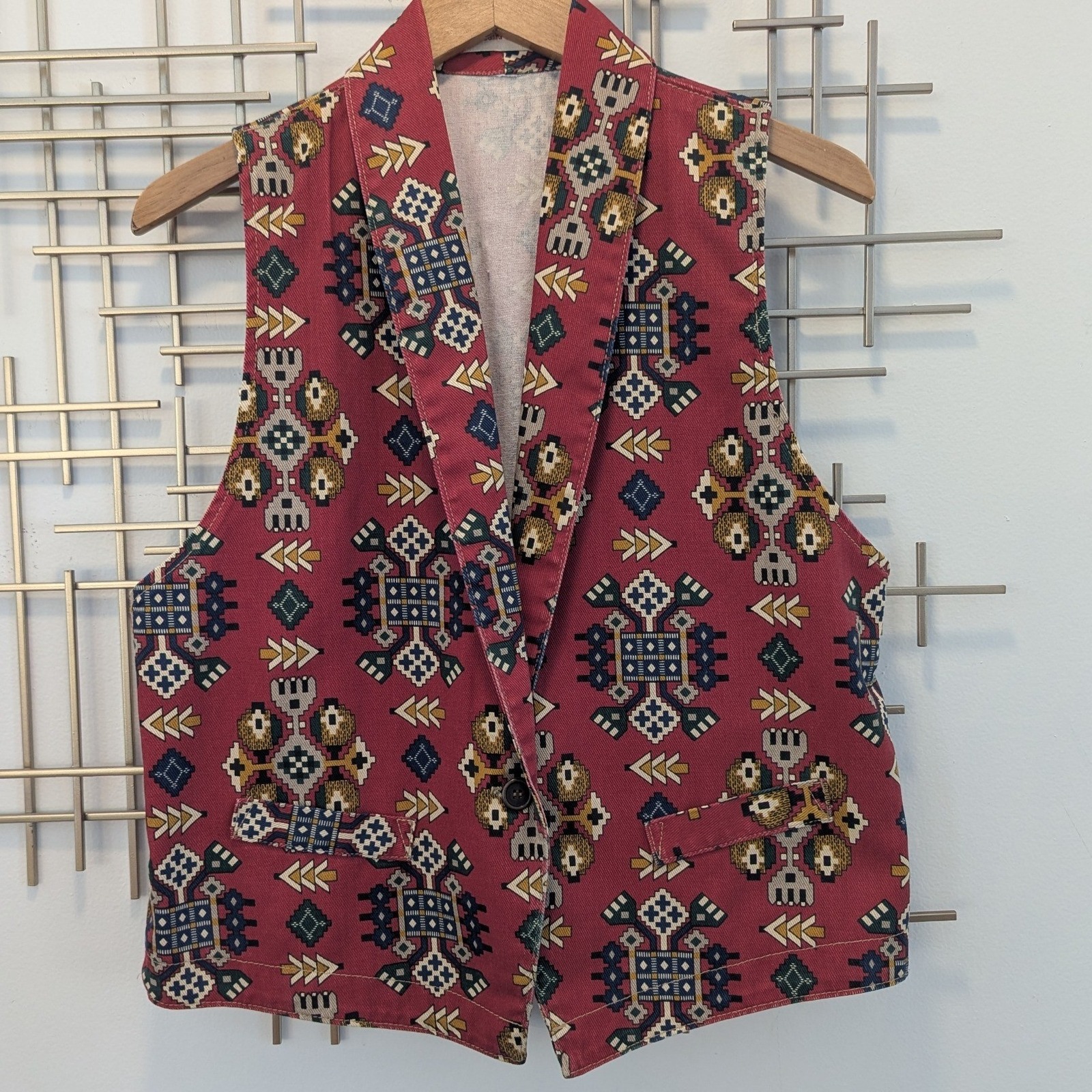 Vtg 90's Southwest Geometric Print Vest Women's Size L Cotton Boho Red Western